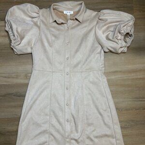 Boutique Beige Puff Sleeve Button-Front Dress